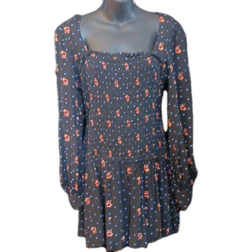 Free People Black Floral Celestial Star Smocked Mini Dress Large